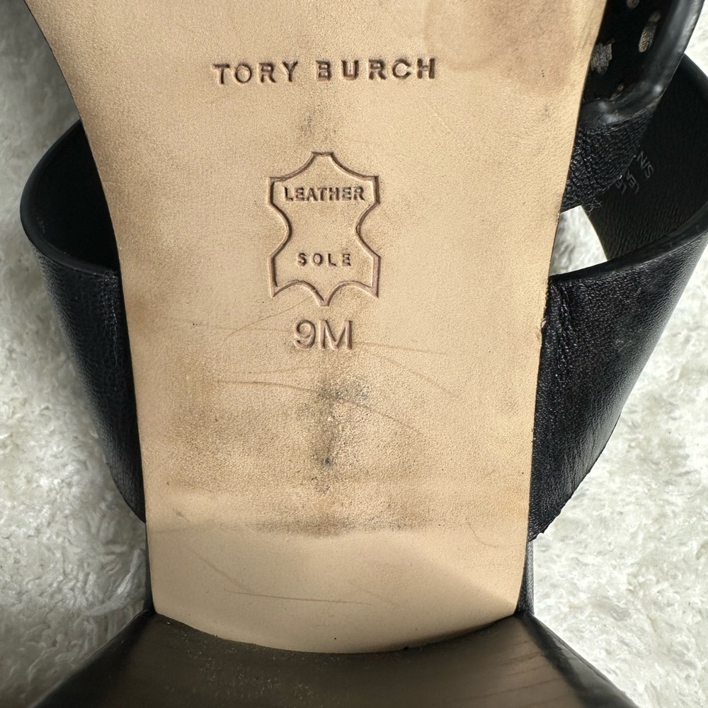 Tory Burch Tiny Miller Black Leather Toe Ring Block Heel Sandals Size 9M women’s - Picture 2 of 7